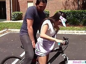 Busty shrinking teenage cyclist rides big flannel