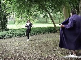 Creeper flashes young hot runner! She stop and fucks the old dude!