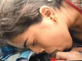 Indian girlfriend performs a passionate blowjob in a secluded area of college grounds