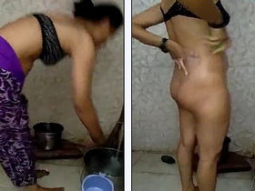 Indian spouse undresses and washes in bathtub while chatting with husband in understandable Hindi