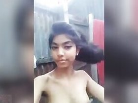 Slender girl shows off her tiny tits in this MMS self-made video