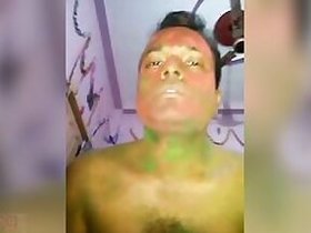 Slender domestic wife enjoys home with her spouse on Holi